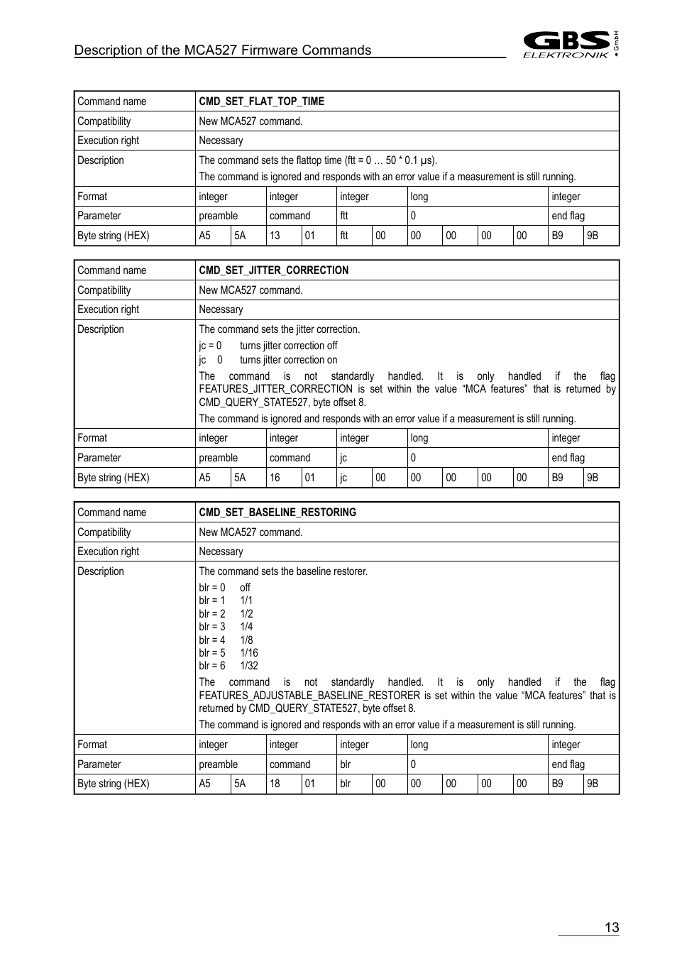 Cmd_set_flat_top_time, Cmd_set_jitter_correction, Cmd_set_baseline_restoring | GBS Elektronik MCA-527 Firmware Commands User Manual | Page 13 / 54