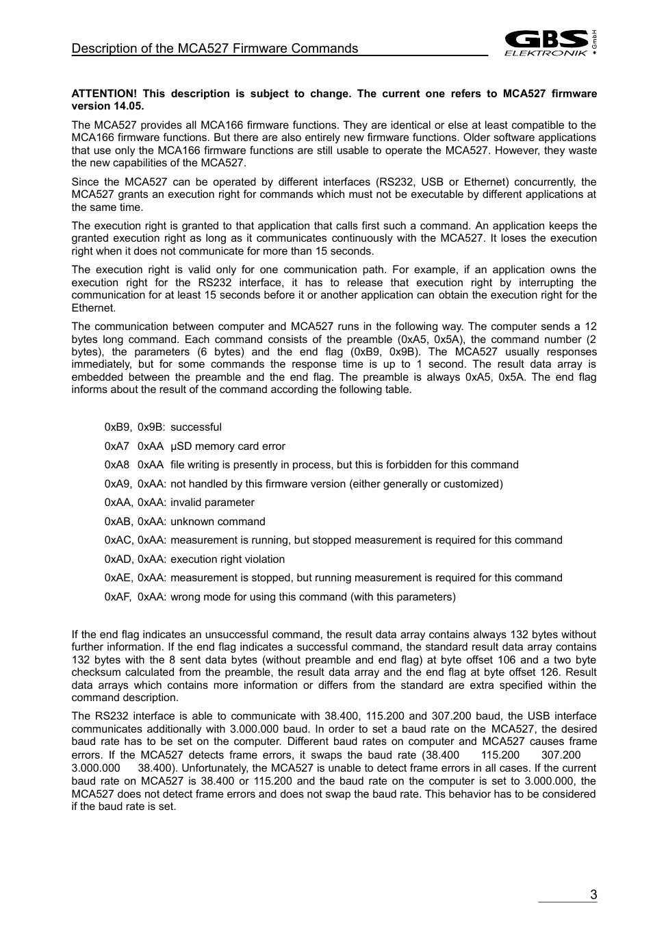 GBS Elektronik MCA-527 Firmware Commands User Manual | Page 3 / 54