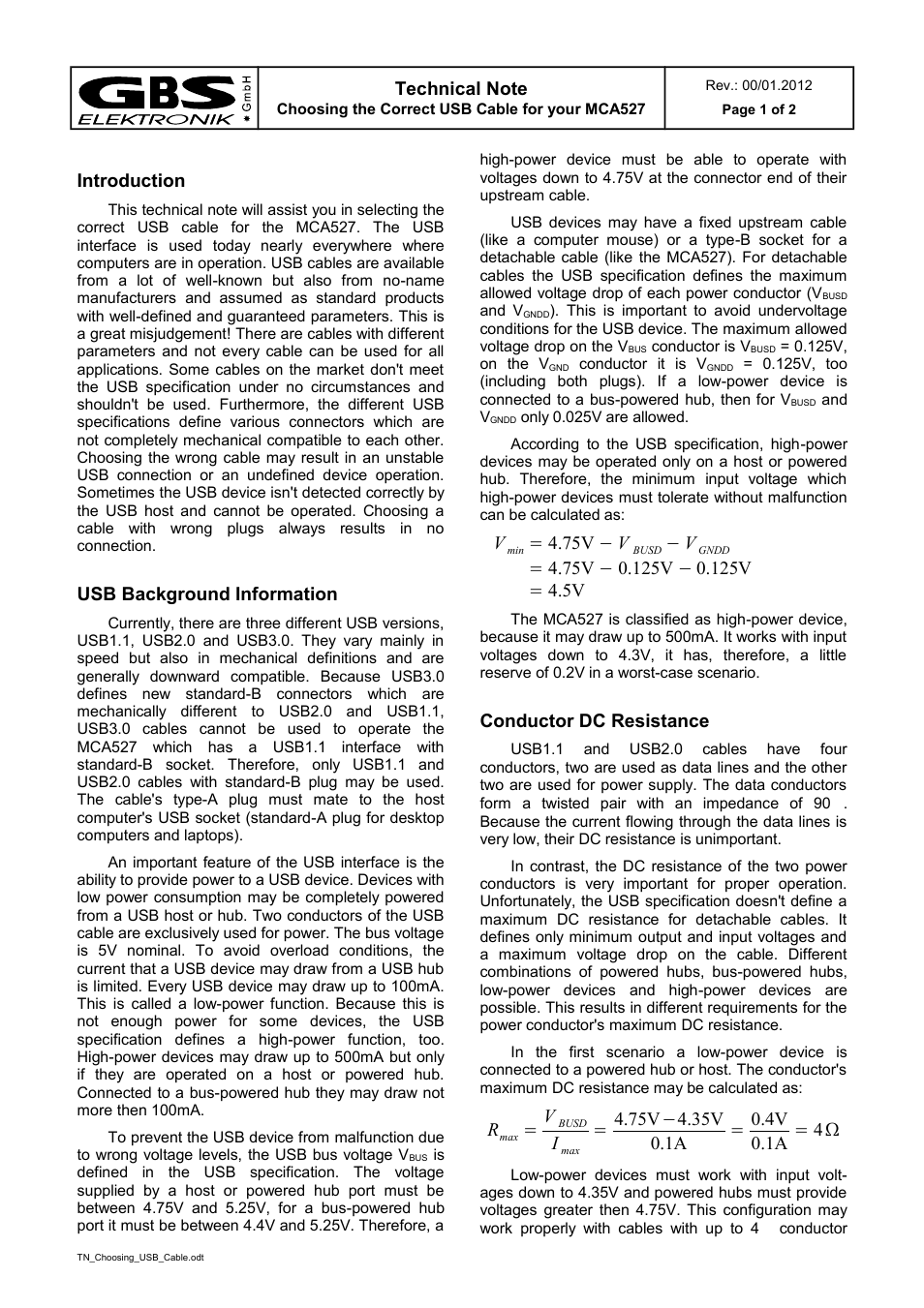 GBS Elektronik MCA-527 Choosing the correct USB cable User Manual | 2 pages