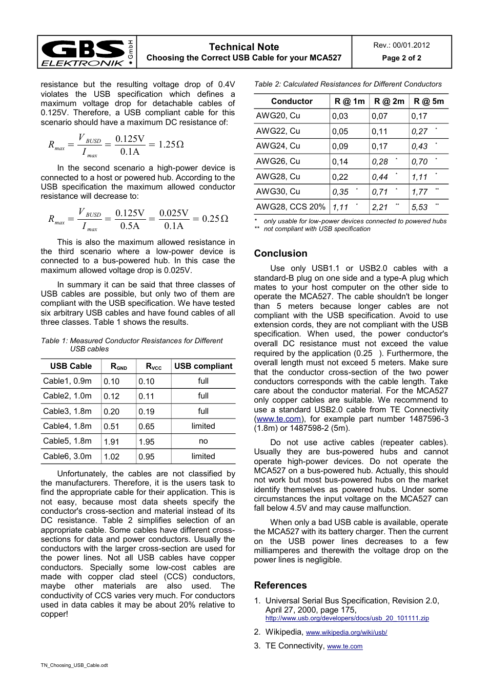 Conclusion, References | GBS Elektronik MCA-527 Choosing the correct USB cable User Manual | Page 2 / 2