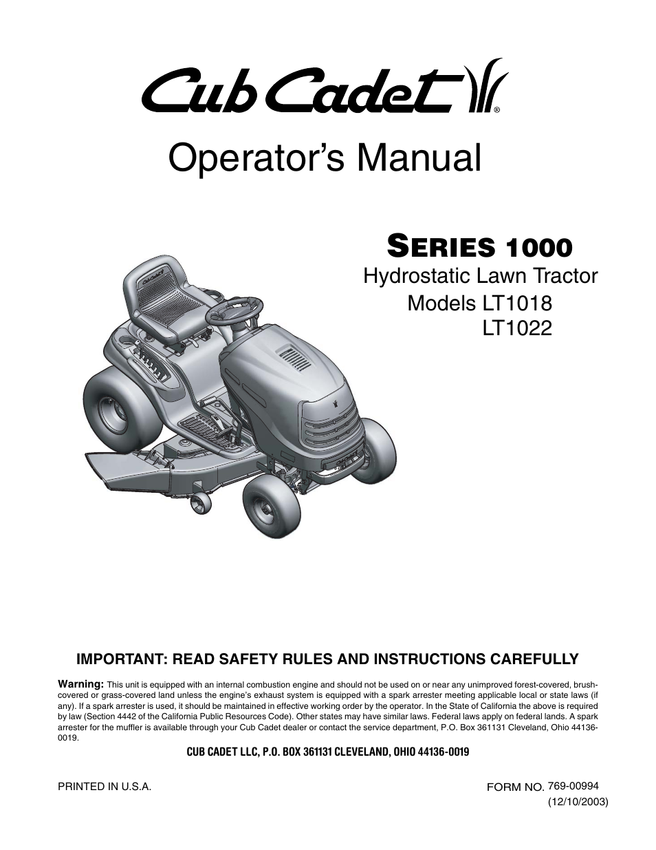 Cub Cadet LT1022 User Manual | 28 pages