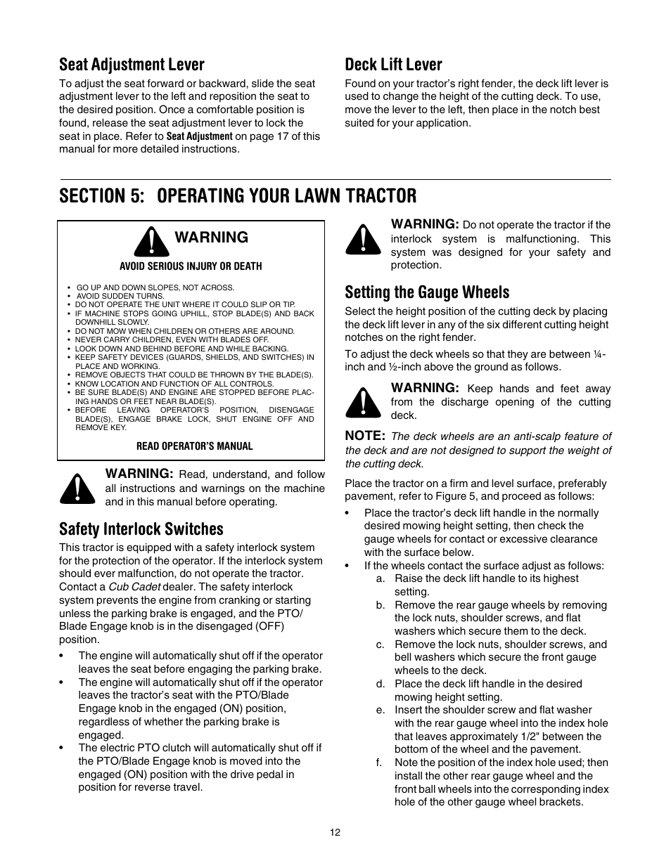 Seat adjustment lever, Deck lift lever, Safety interlock switches | Setting the gauge wheels, Warning | Cub Cadet LT1022 User Manual | Page 12 / 28