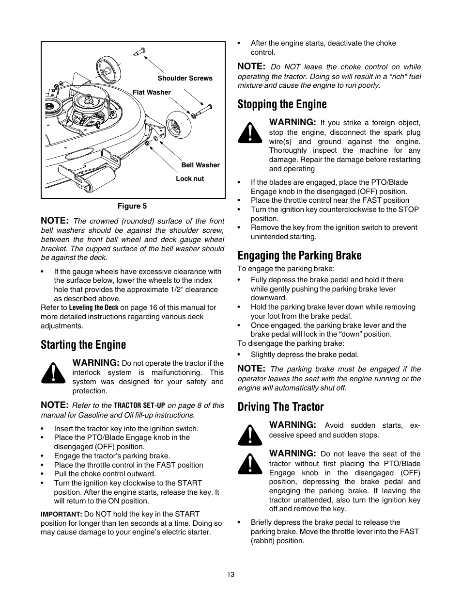 Starting the engine, Stopping the engine, Engaging the parking brake | Driving the tractor | Cub Cadet LT1022 User Manual | Page 13 / 28