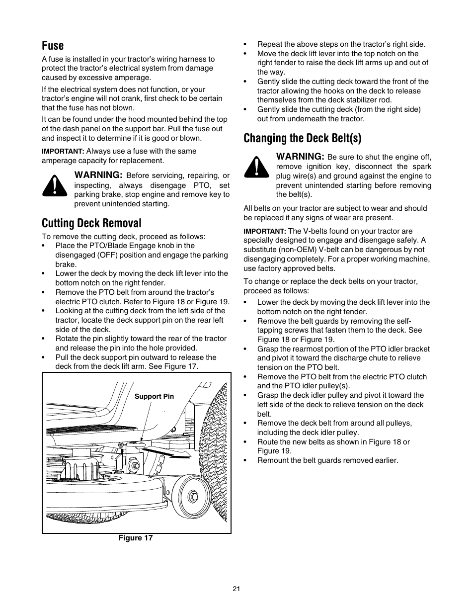 Fuse, Cutting deck removal, Changing the deck belt(s) | Cub Cadet LT1022 User Manual | Page 21 / 28