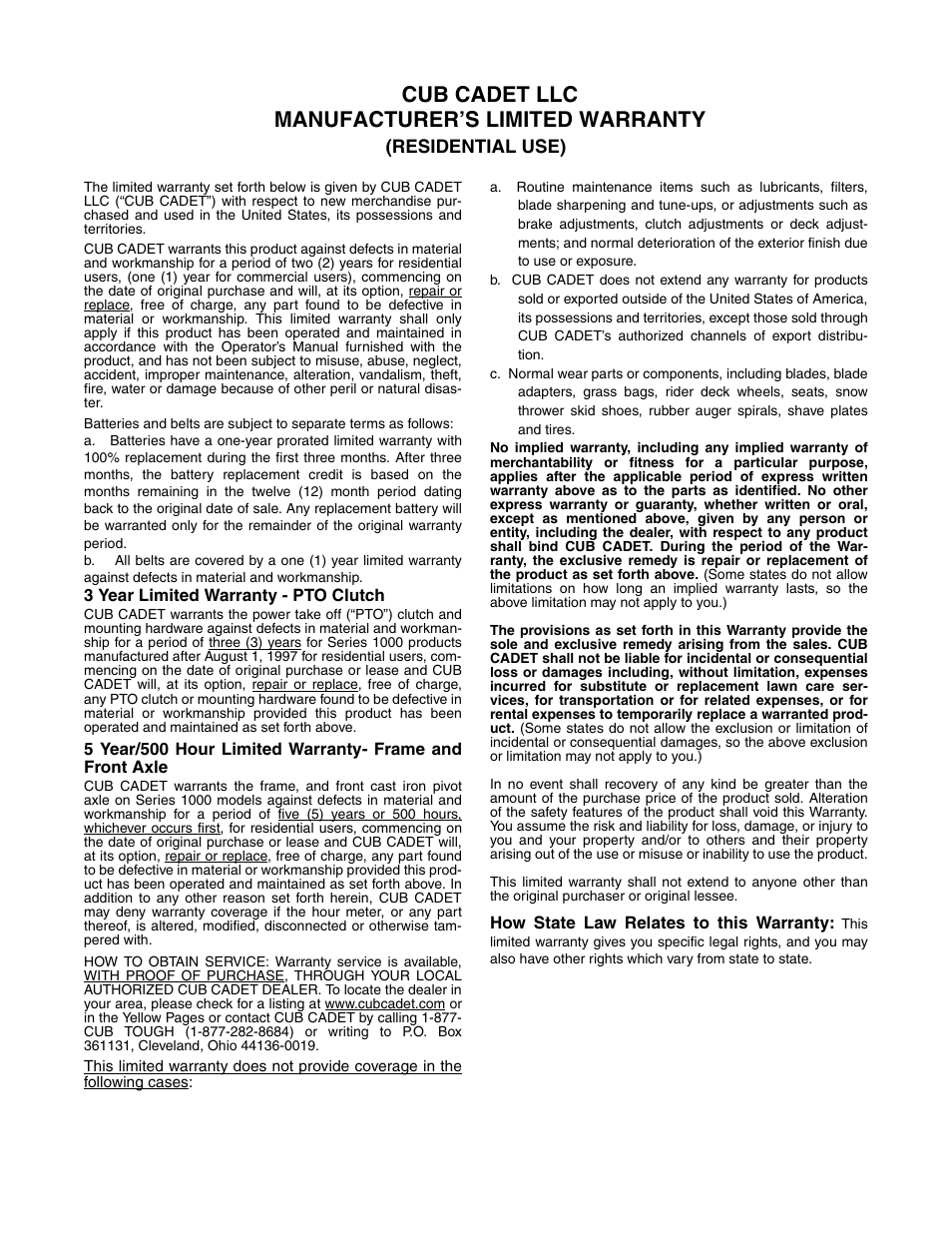 Cub cadet llc manufacturer’s limited warranty | Cub Cadet LT1022 User Manual | Page 28 / 28