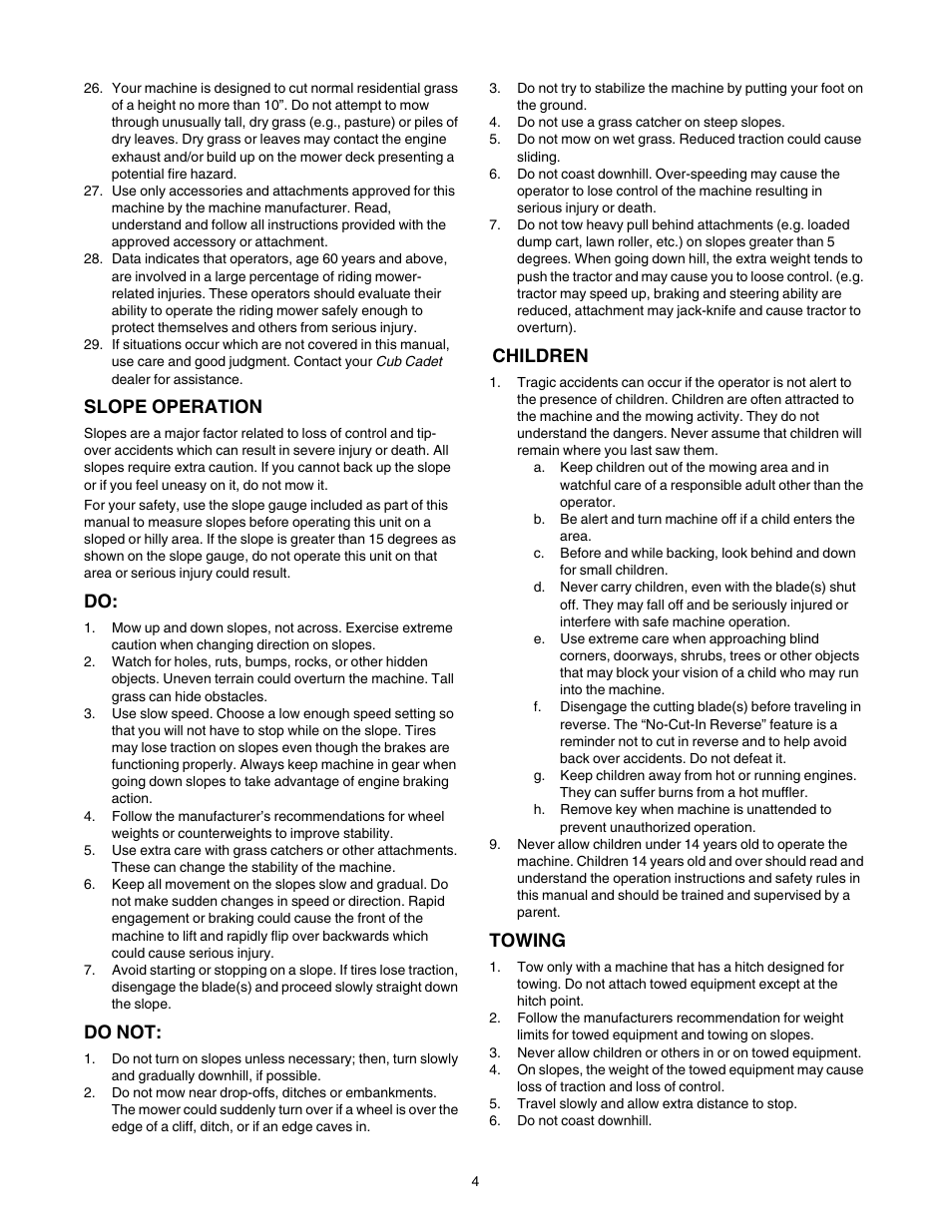Slope operation, Do not, Children | Towing | Cub Cadet LT1022 User Manual | Page 4 / 28