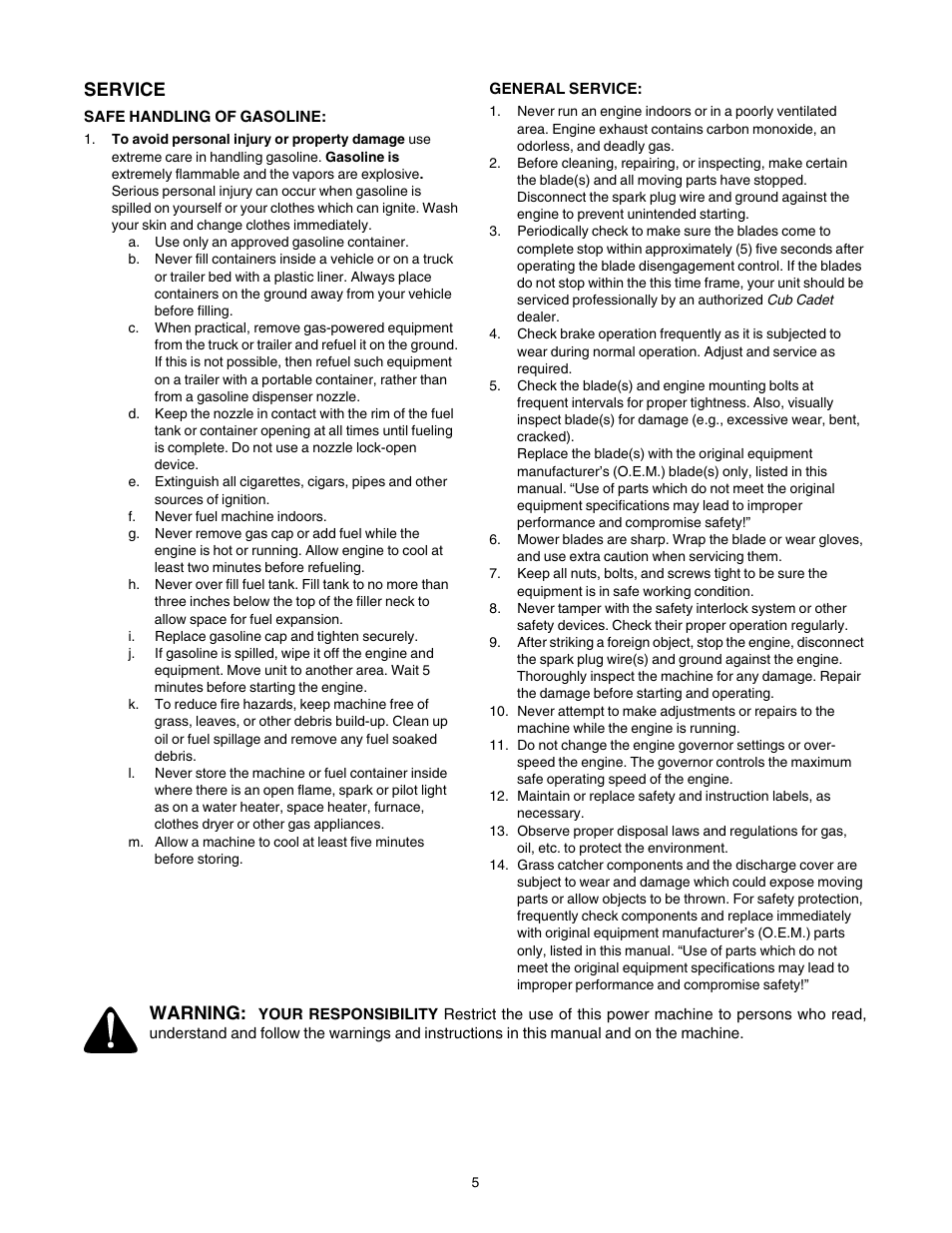 Service, Warning | Cub Cadet LT1022 User Manual | Page 5 / 28
