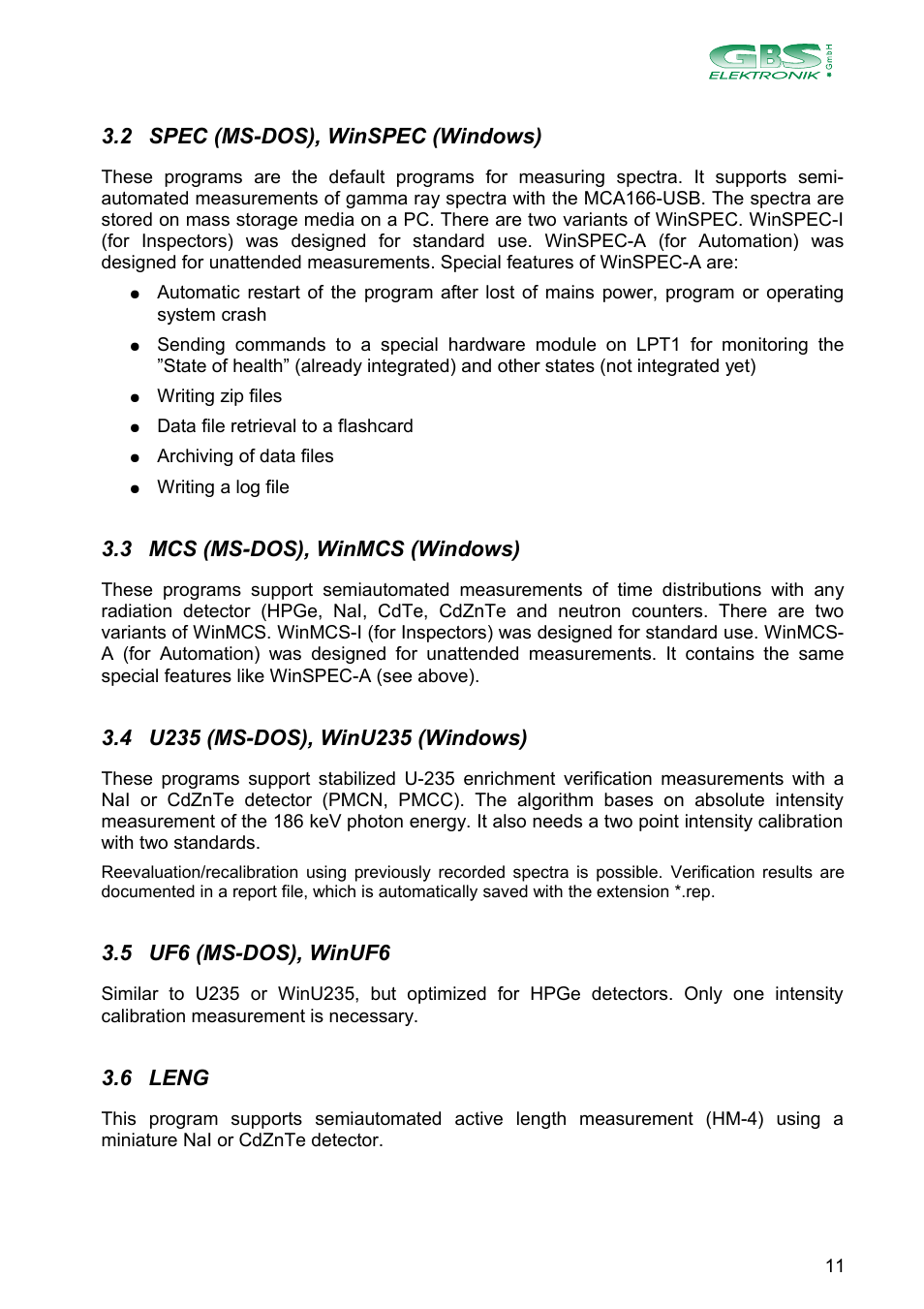 2 spec (ms-dos), winspec (windows), 3 mcs (ms-dos), winmcs (windows), 5 uf6 (ms-dos), winuf6 | 6 leng | GBS Elektronik MCA166-USB User Manual | Page 11 / 73