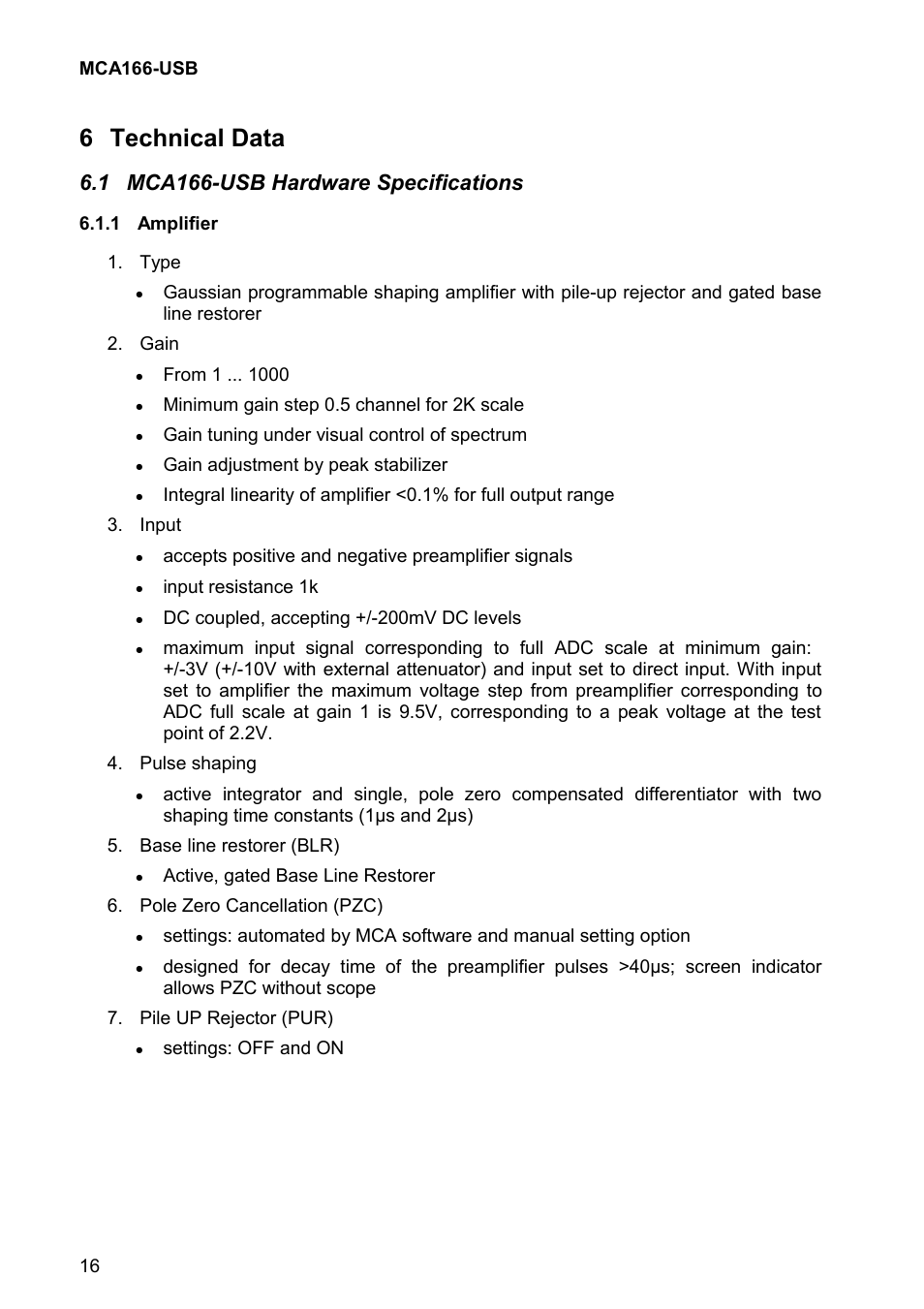 6 technical data, 1 mca166-usb hardware specifications | GBS Elektronik MCA166-USB User Manual | Page 16 / 73