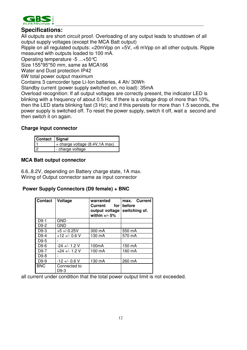 Specifications | GBS Elektronik MCA 166 User Manual | Page 12 / 56