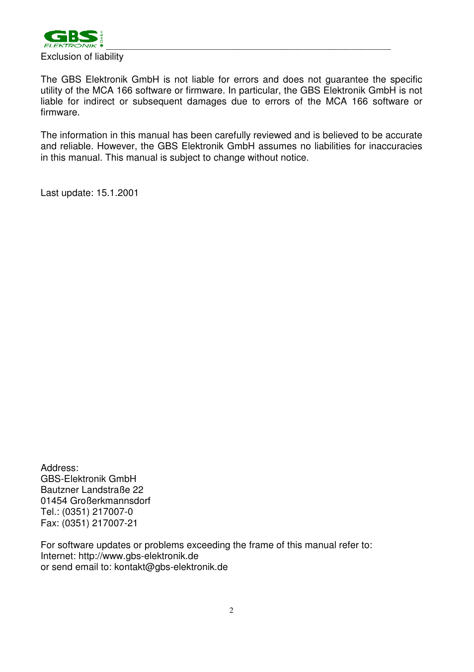 GBS Elektronik MCA 166 User Manual | Page 2 / 56