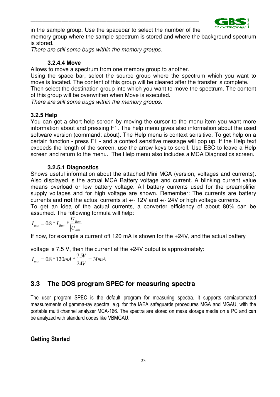 3 the dos program spec for measuring spectra, Getting started | GBS Elektronik MCA 166 User Manual | Page 23 / 56