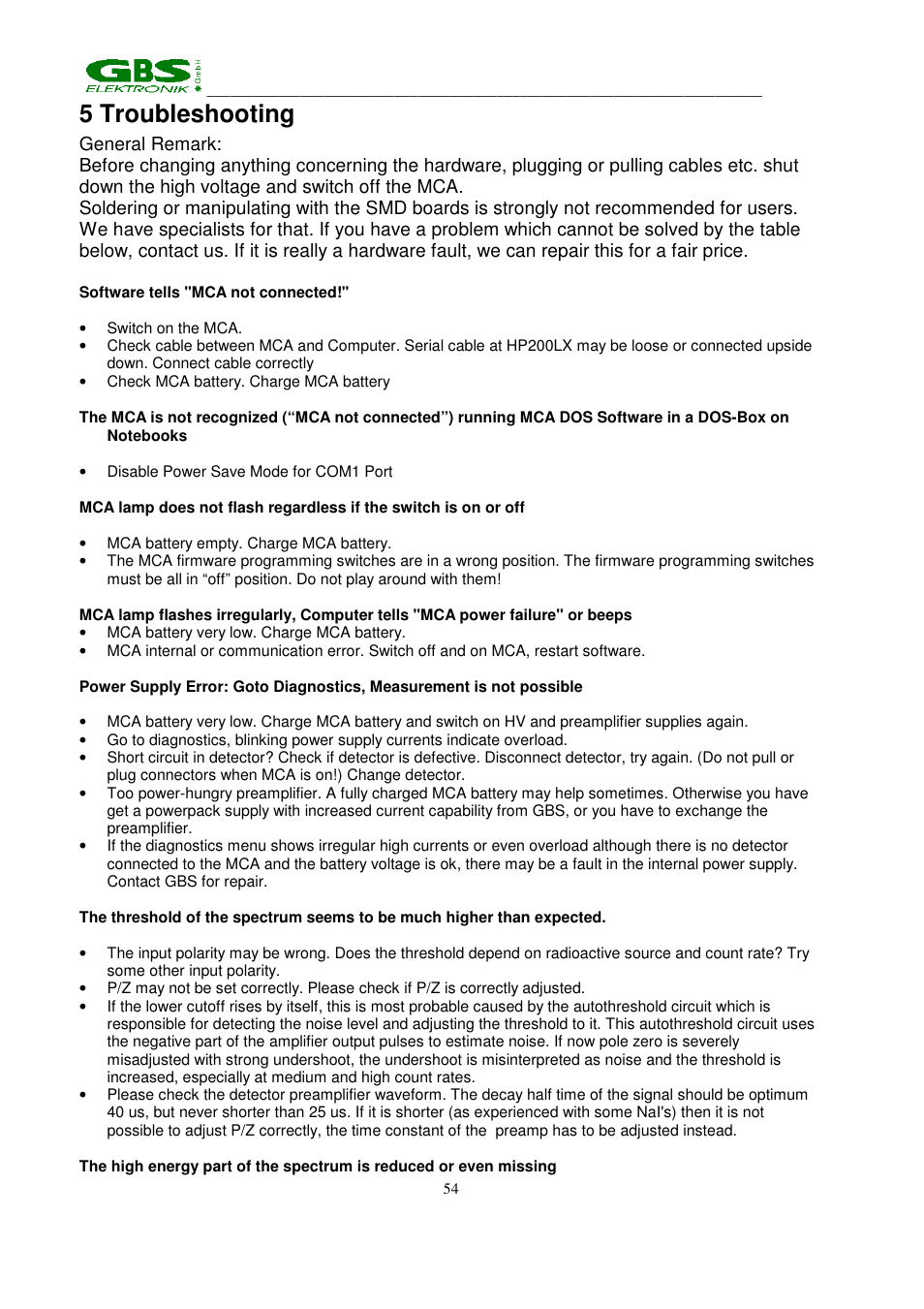 5 troubleshooting | GBS Elektronik MCA 166 User Manual | Page 54 / 56