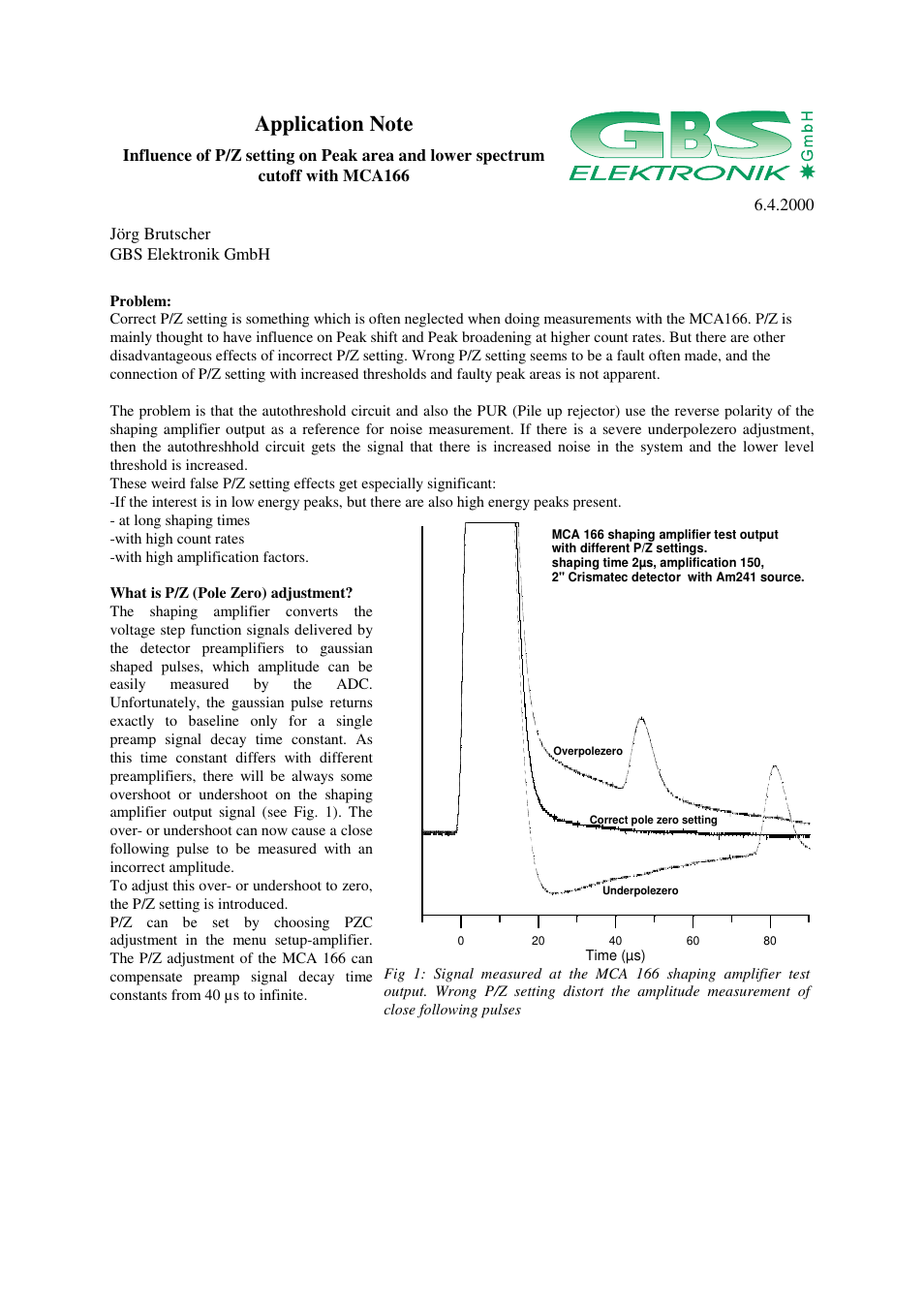 GBS Elektronik MCA166-USB Influence of P/Z setting on peak area and lower spectrum cutoff User Manual | 2 pages