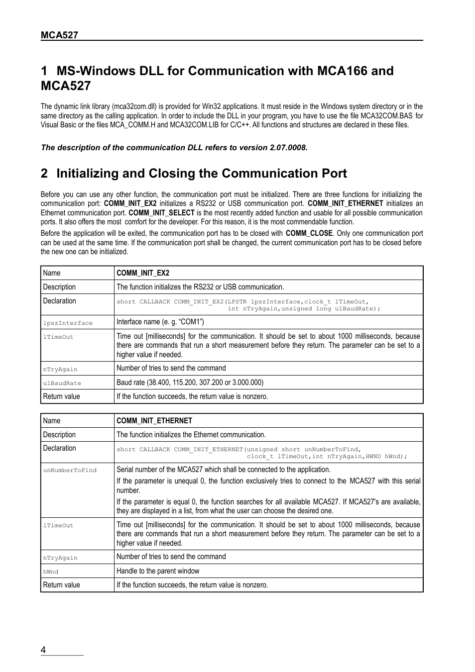 2 initializing and closing the communication port, Mca527 | GBS Elektronik MCA-166 Communication DLL User Manual | Page 4 / 32