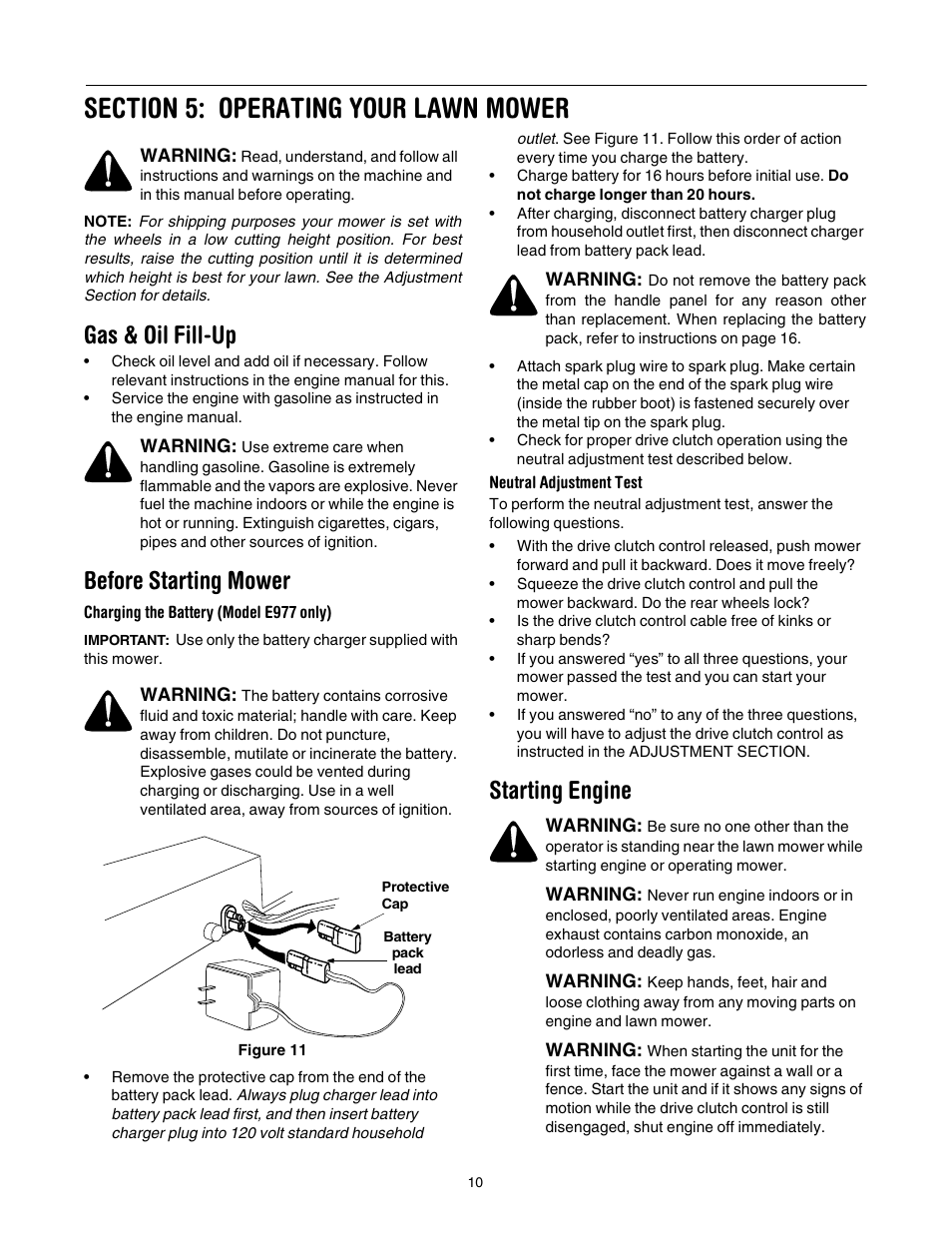 Gas & oil fill-up, Before starting mower, Starting engine | Cub Cadet 977A User Manual | Page 10 / 36