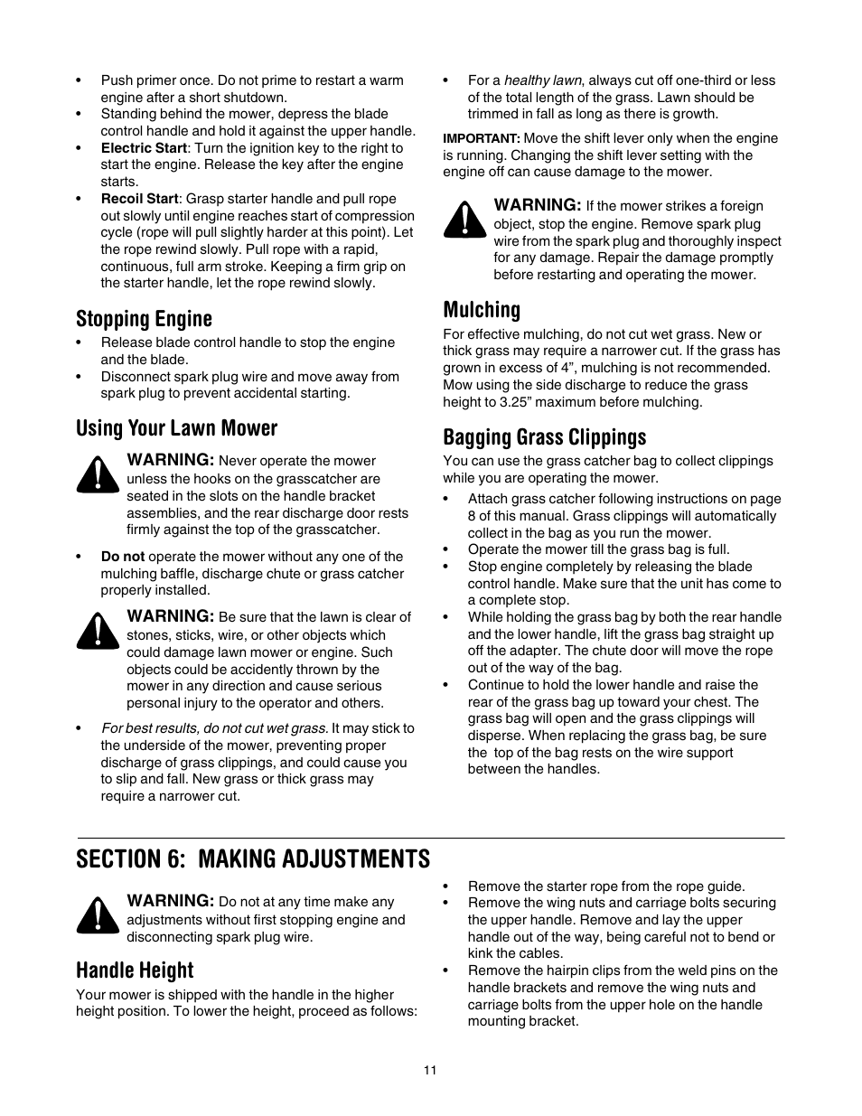 Stopping engine, Using your lawn mower, Mulching | Bagging grass clippings, Handle height | Cub Cadet 977A User Manual | Page 11 / 36