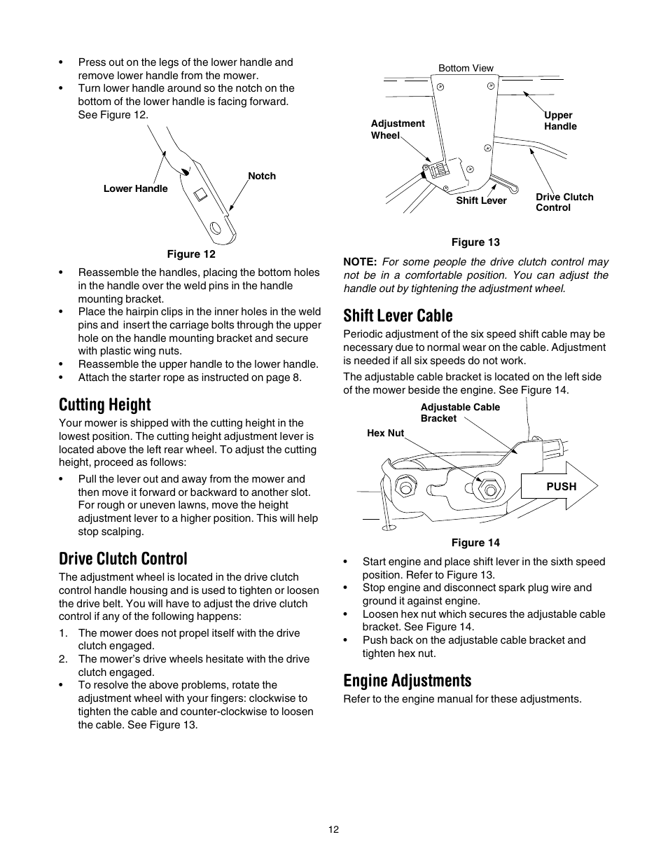 Cutting height, Drive clutch control, Shift lever cable | Engine adjustments | Cub Cadet 977A User Manual | Page 12 / 36