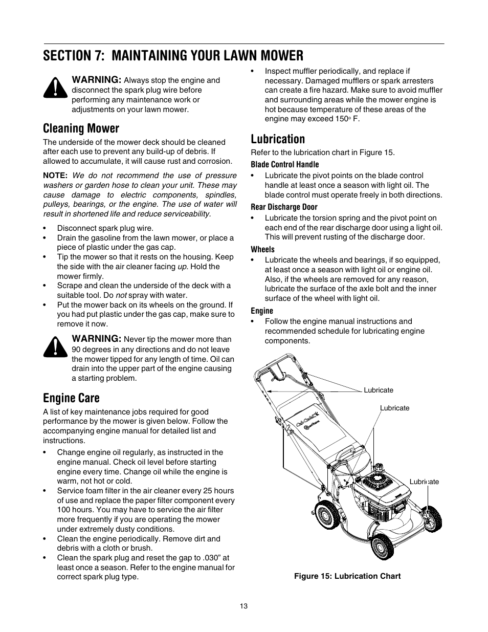 Cleaning mower, Engine care, Lubrication | Cub Cadet 977A User Manual | Page 13 / 36