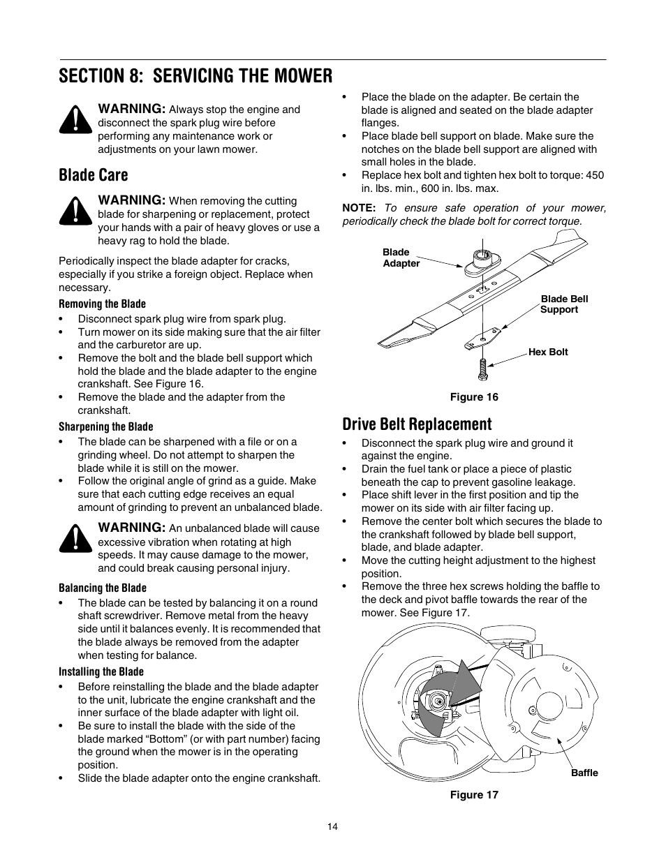 Blade care, Drive belt replacement | Cub Cadet 977A User Manual | Page 14 / 36
