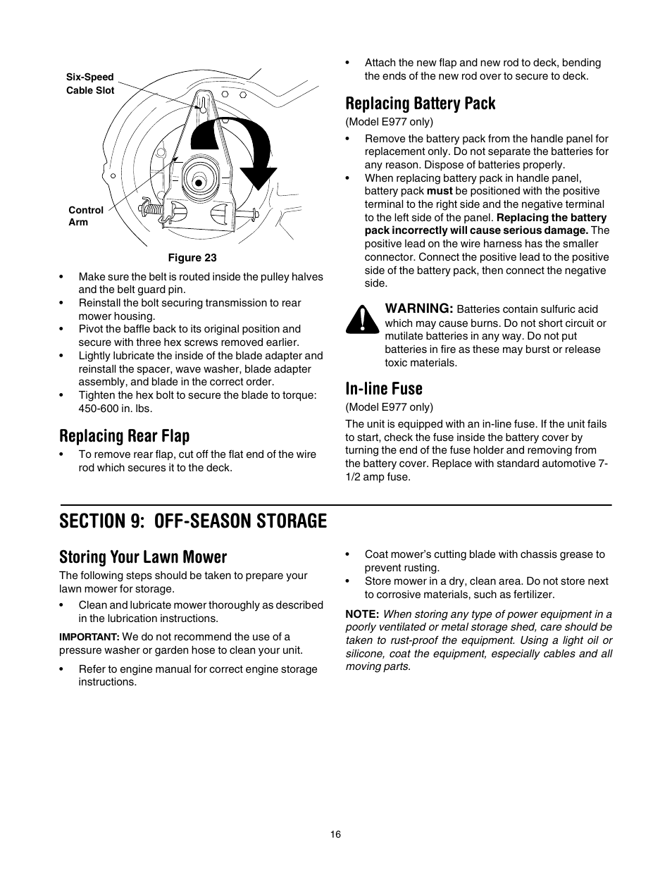 Replacing rear flap, Replacing battery pack, In-line fuse | Storing your lawn mower | Cub Cadet 977A User Manual | Page 16 / 36