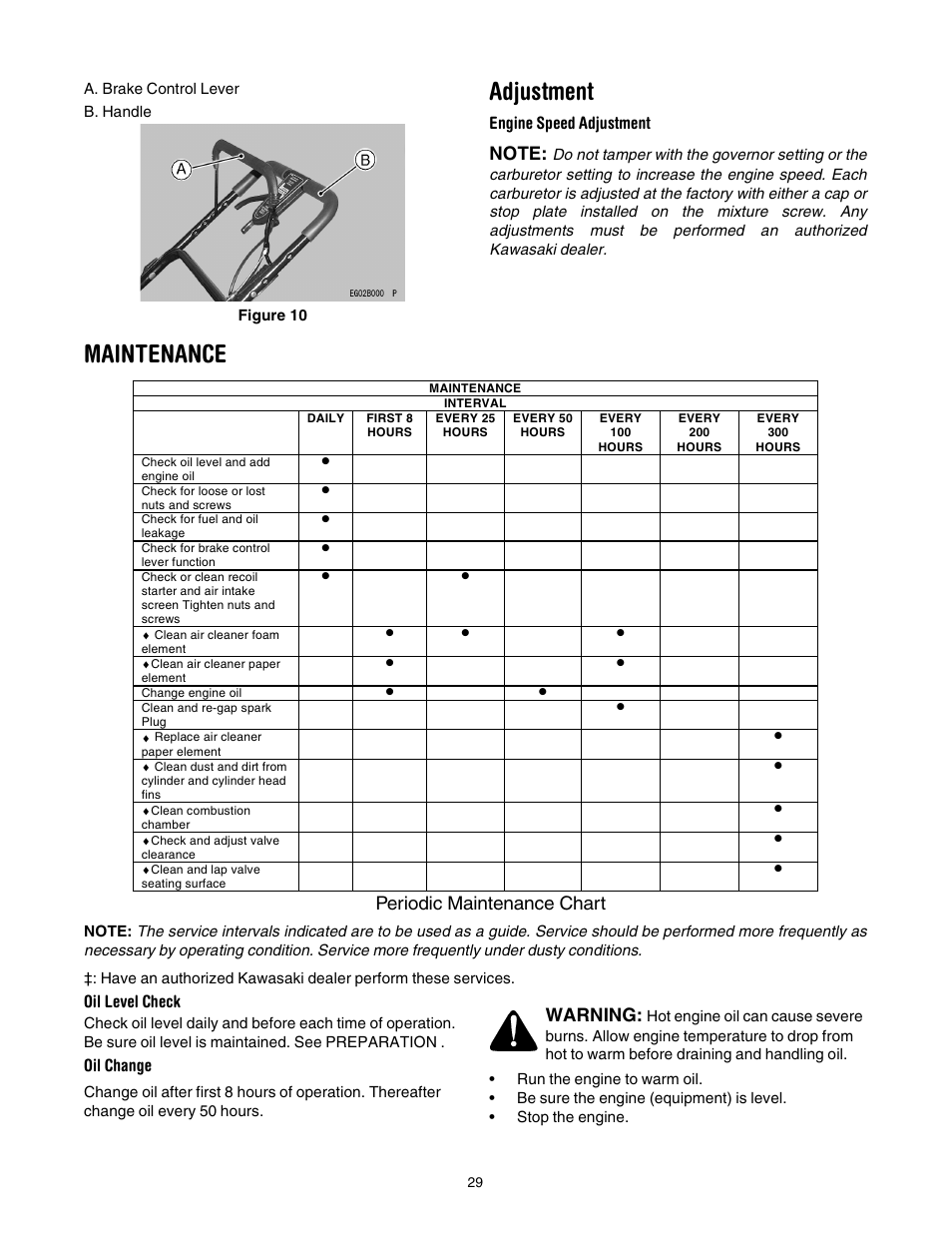 Adjustment, Maintenance, Periodic maintenance chart warning | Engine speed adjustment, Oil level check, Oil change | Cub Cadet 977A User Manual | Page 29 / 36