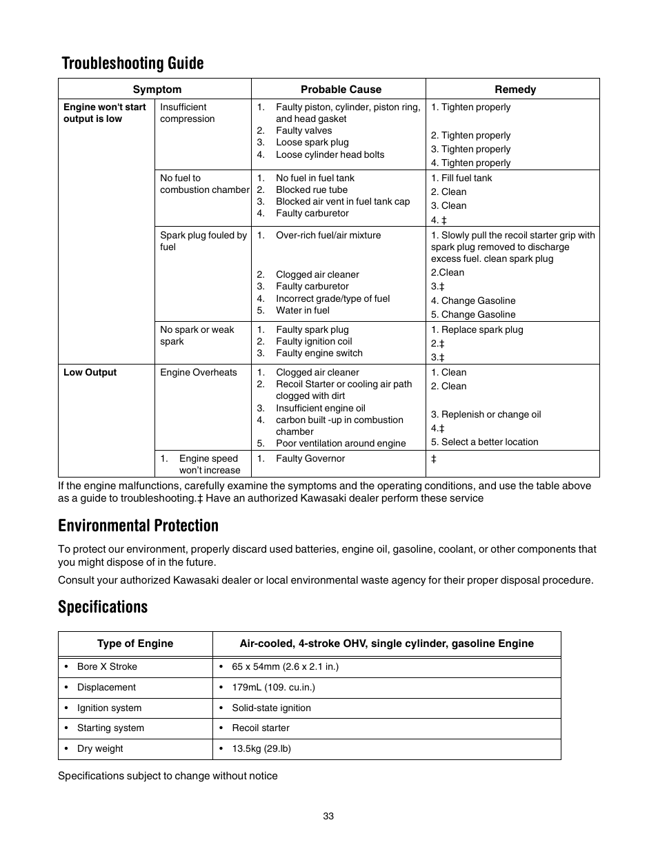 Troubleshooting guide, Environmental protection, Specifications | Cub Cadet 977A User Manual | Page 33 / 36