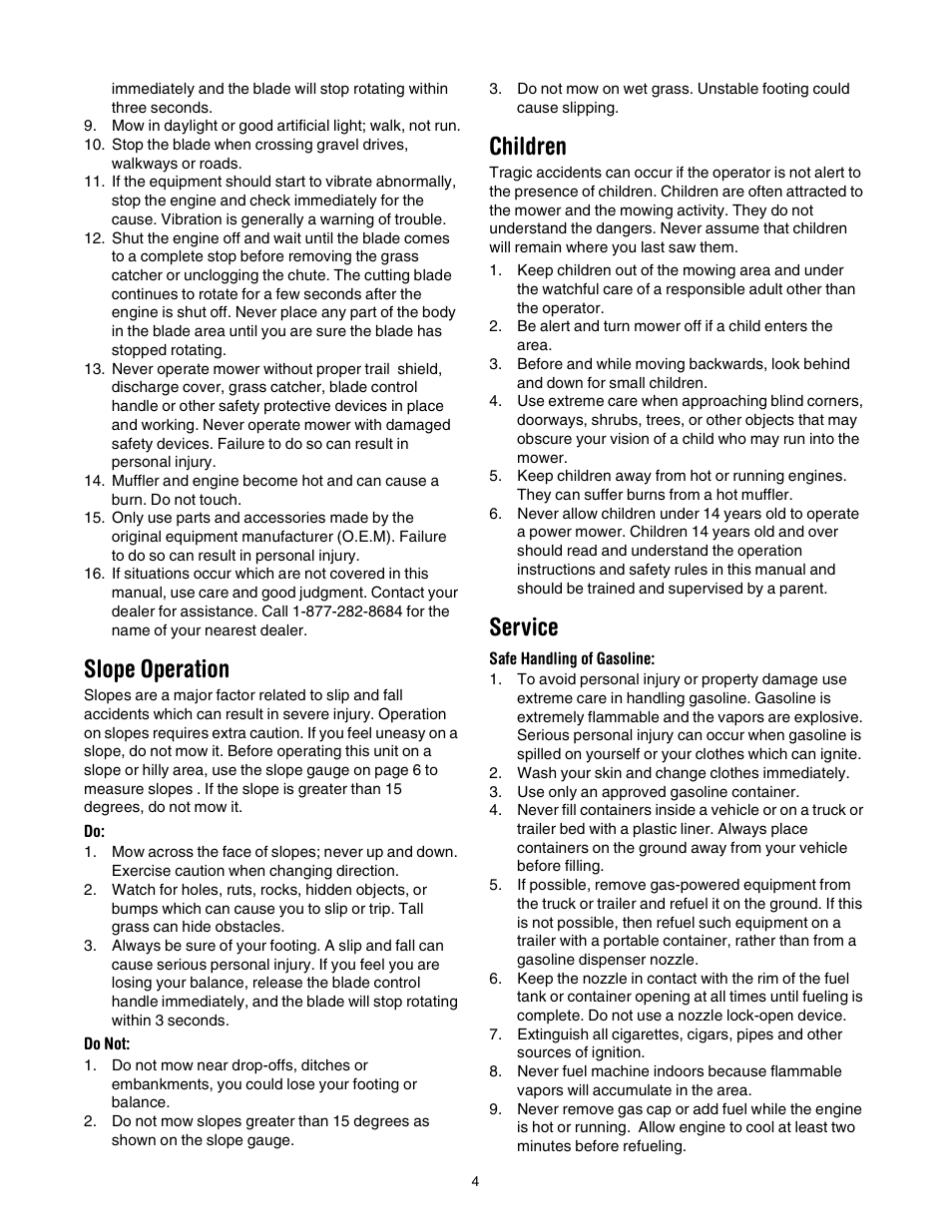 Slope operation, Children, Service | Cub Cadet 977A User Manual | Page 4 / 36
