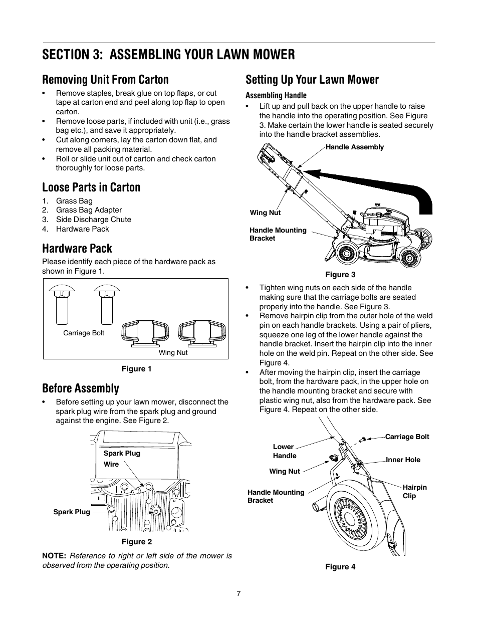 Removing unit from carton, Loose parts in carton, Hardware pack | Before assembly, Setting up your lawn mower | Cub Cadet 977A User Manual | Page 7 / 36