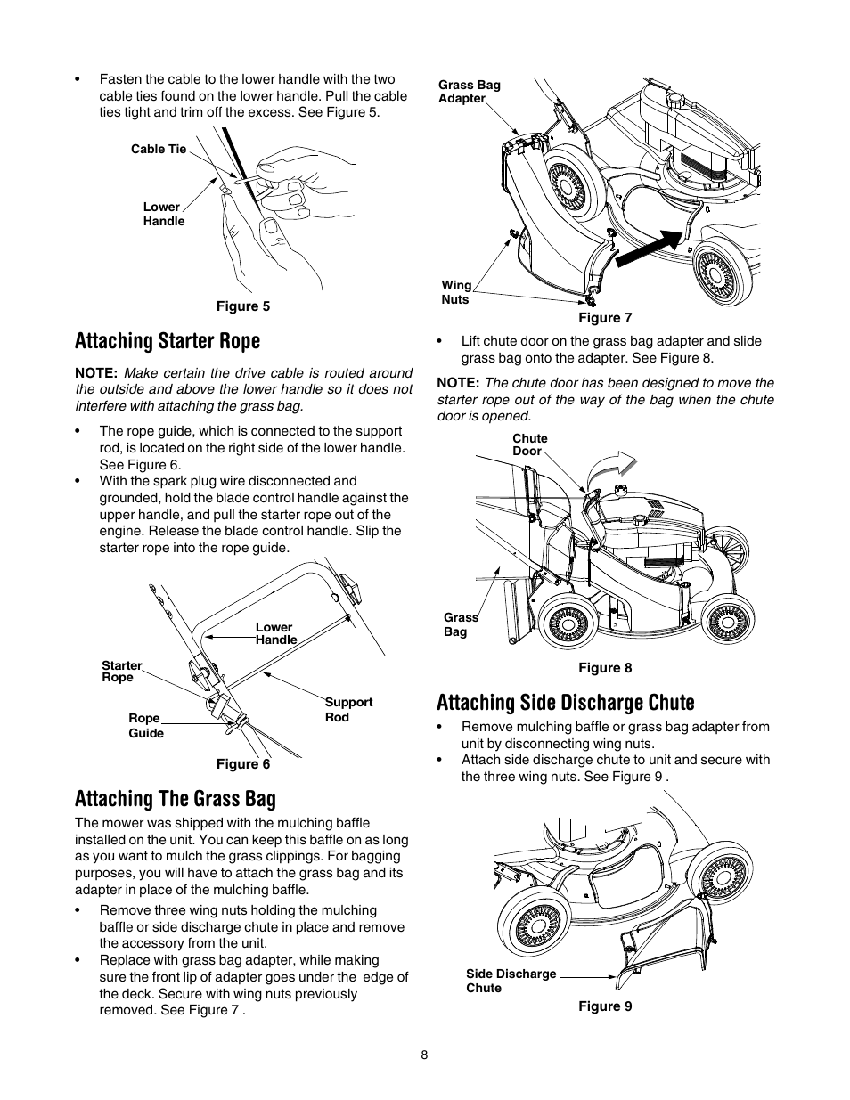 Attaching starter rope, Attaching the grass bag, Attaching side discharge chute | Cub Cadet 977A User Manual | Page 8 / 36