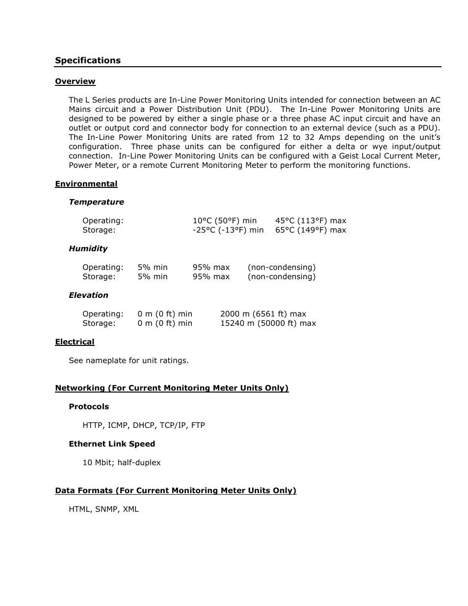 Specifications, Overview, Environmental | Electrical | Geist L Series User Manual | Page 3 / 17