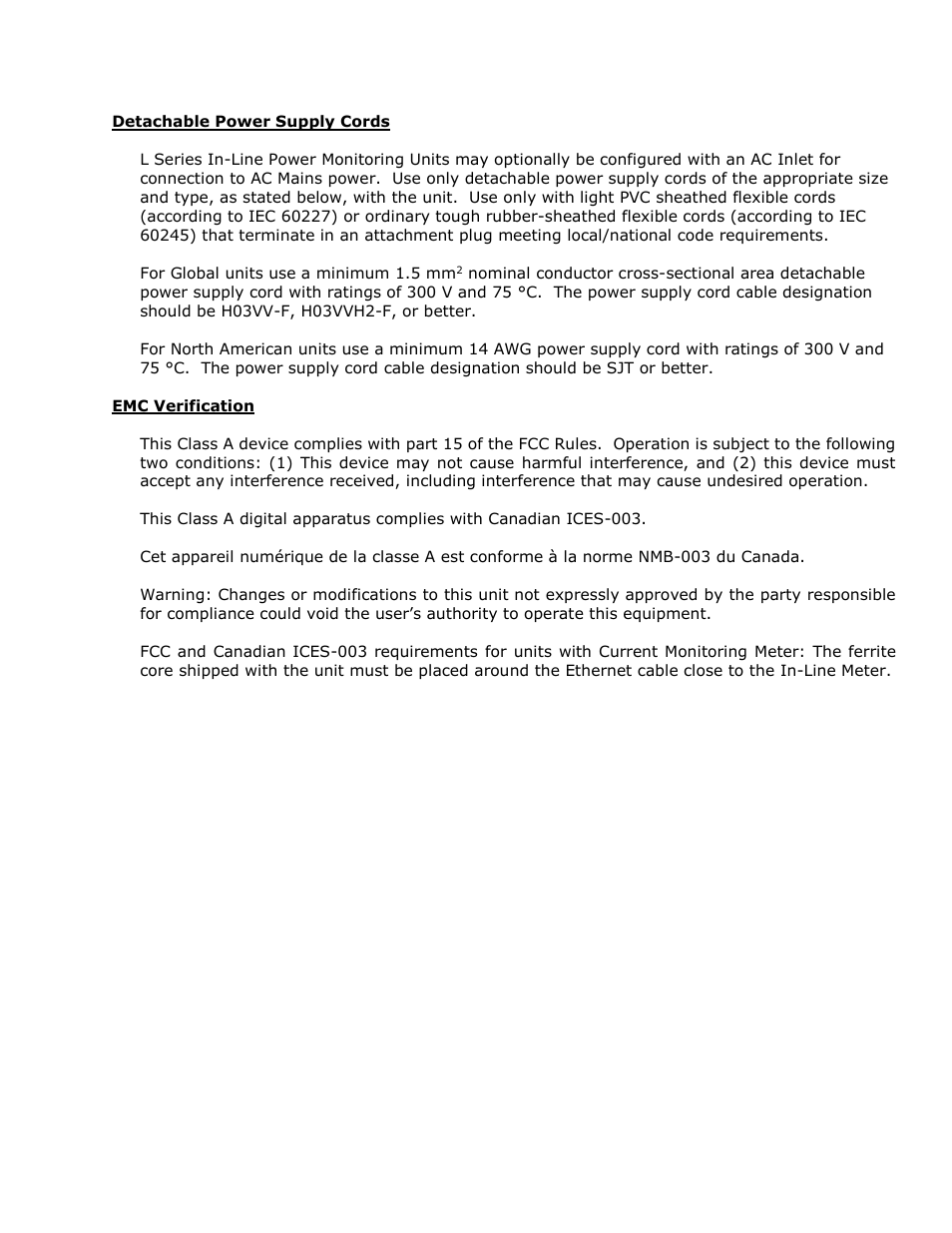 Detachable power supply cords, Emc verification | Geist L Series User Manual | Page 4 / 17