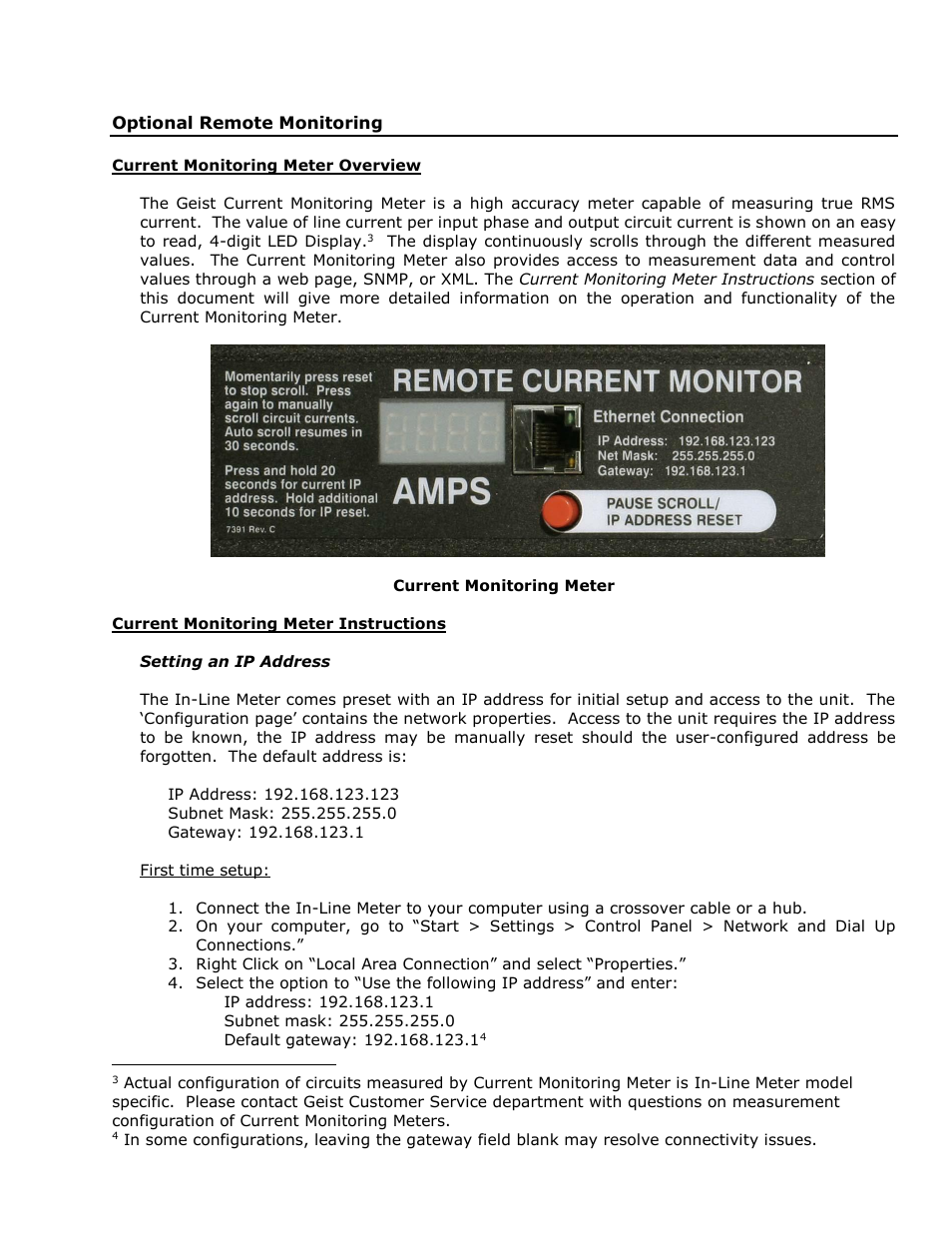 Optional remote monitoring, Current monitoring meter overview, Current monitoring meter instructions | Geist L Series User Manual | Page 8 / 17