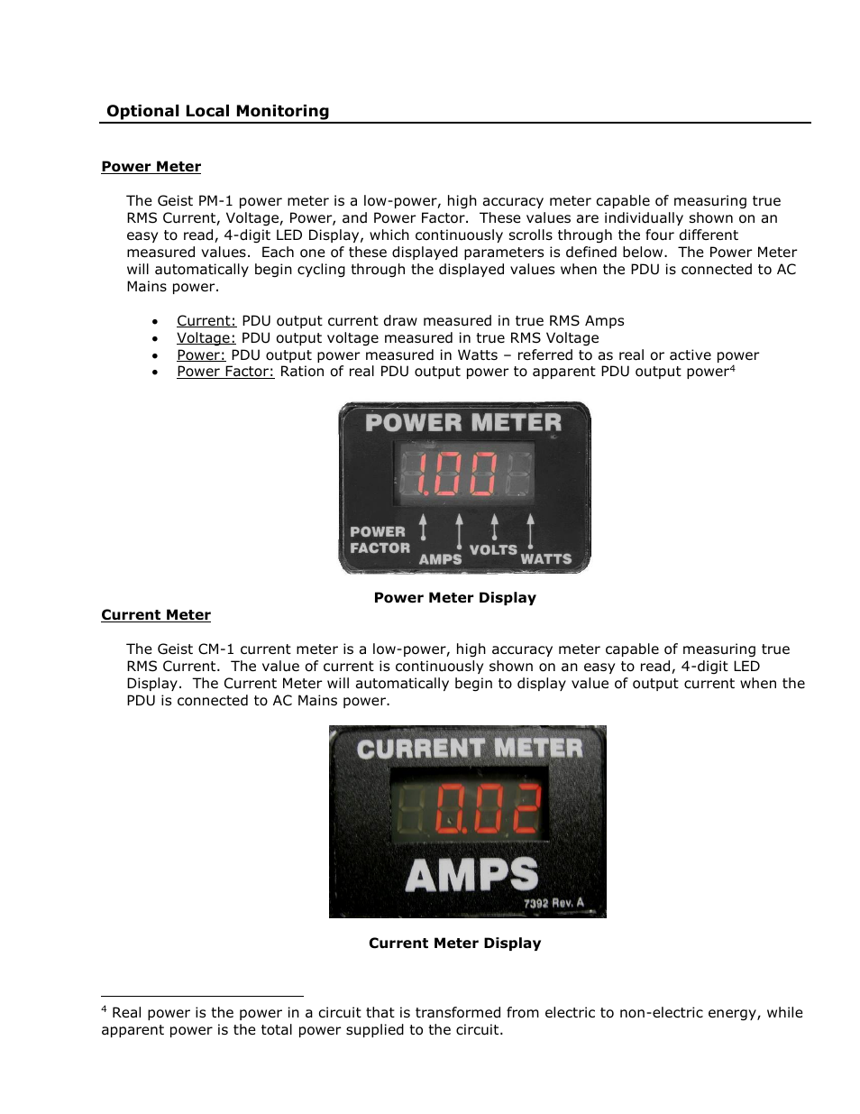 Optional local monitoring, Power meter, Current meter | Geist XP Series User Manual | Page 13 / 28