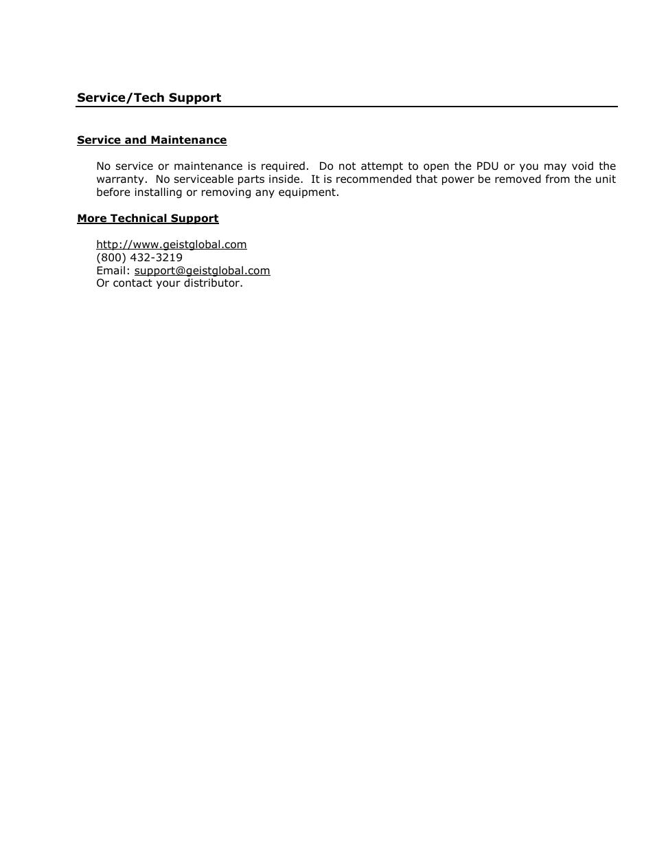 Service/tech support, Service and maintenance, More technical support | Geist XP Series User Manual | Page 26 / 28