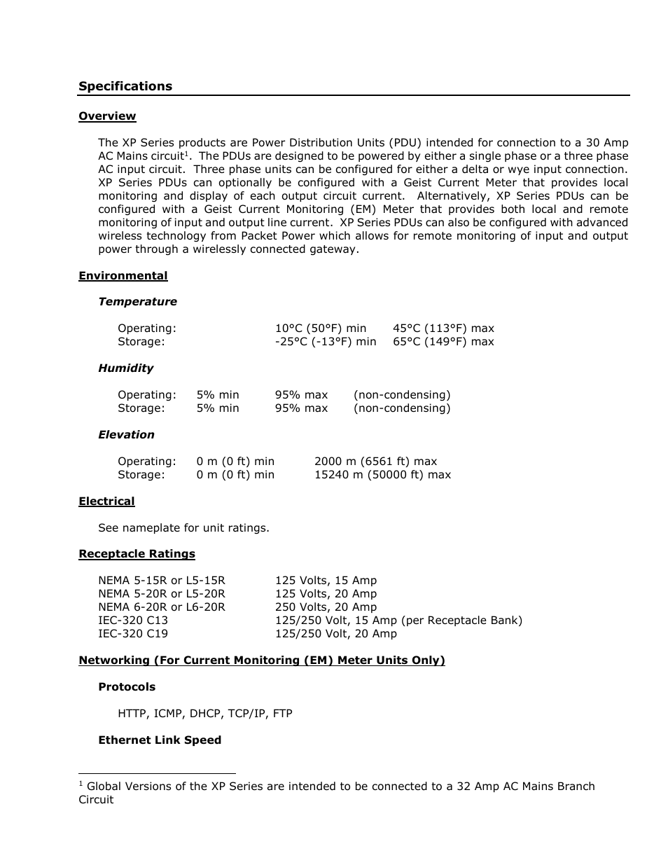 Specifications, Overview, Environmental | Electrical, Receptacle ratings | Geist XP Series User Manual | Page 3 / 28