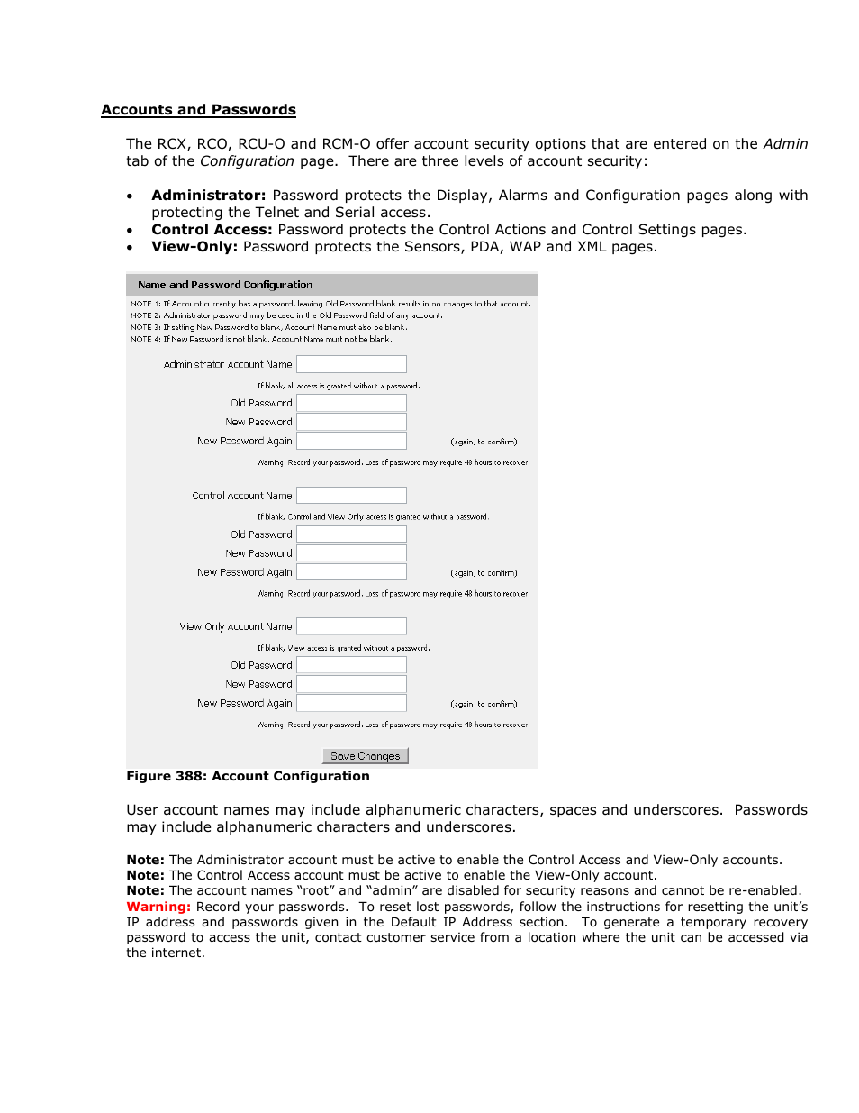 Accounts and passwords, Telnet | Geist RCX Series v3 User Manual | Page 33 / 49