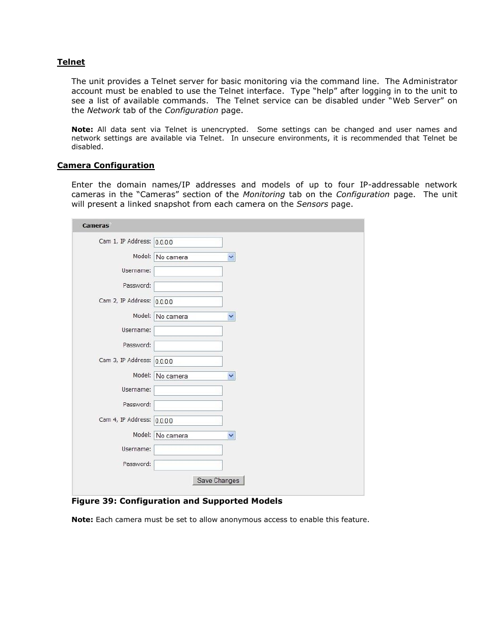 Telnet, Camera configuration | Geist RCX Series v3 User Manual | Page 34 / 49