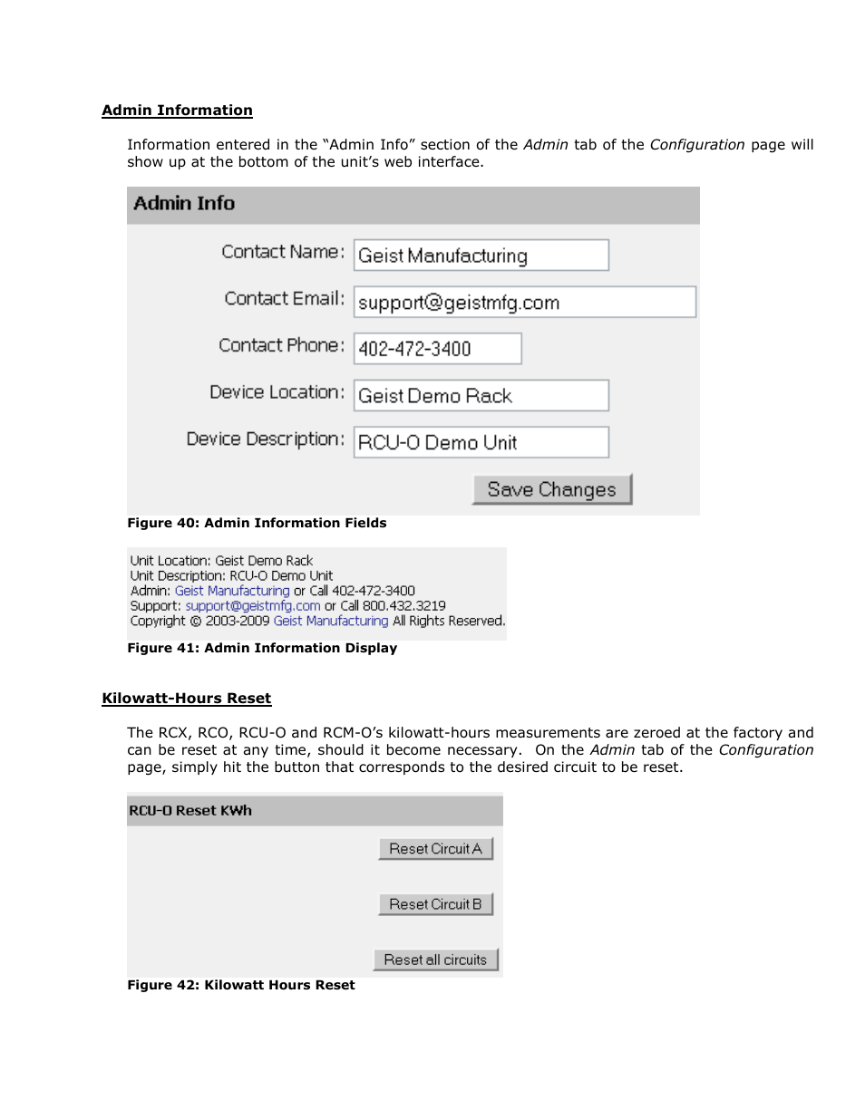 Admin information, Kilowatt-hours reset | Geist RCX Series v3 User Manual | Page 35 / 49