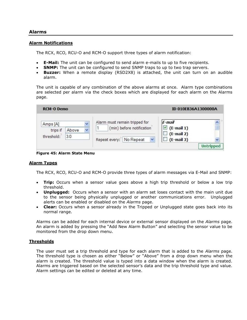 Alarms, Alarm notifications, Alarm types | Thresholds | Geist RCX Series v3 User Manual | Page 37 / 49