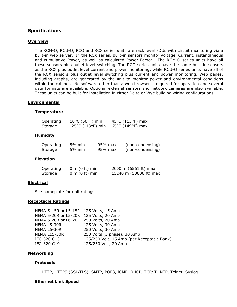 Specifications, Overview, Environmental | Electrical, Receptacle ratings, Networking | Geist RCX Series v3 User Manual | Page 4 / 49