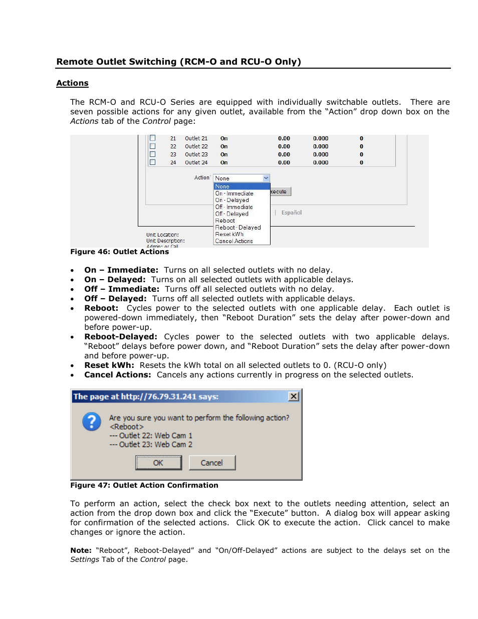 Remote outlet switching (rcm-o and rcu-o only), Actions | Geist RCX Series v3 User Manual | Page 42 / 49