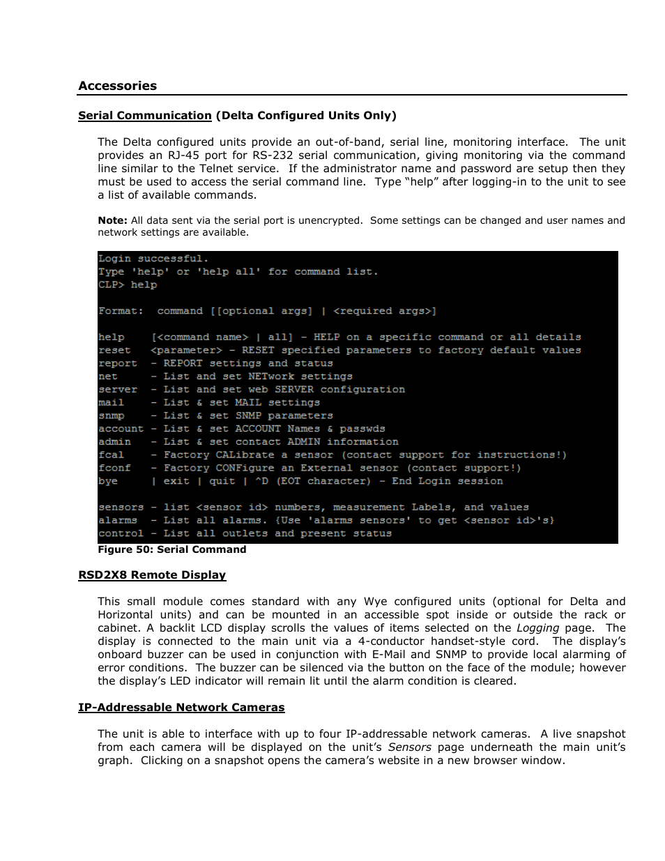 Accessories, Serial communication (delta configured units only), Rsd2x8 remote display | Ip-addressable network cameras | Geist RCX Series v3 User Manual | Page 44 / 49