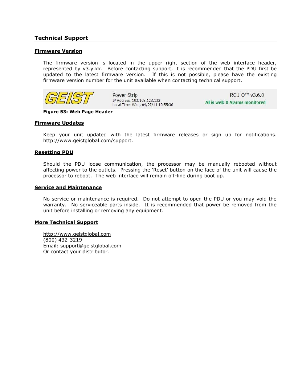 Technical support, Firmware version, Firmware updates | Resetting pdu, Service and maintenance, More technical support | Geist RCX Series v3 User Manual | Page 46 / 49