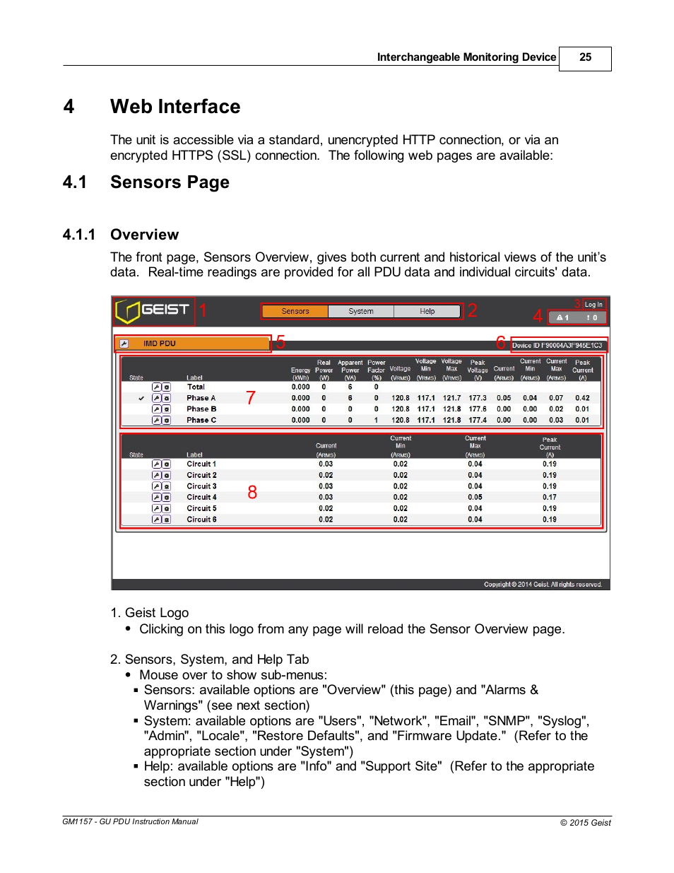 Web interface, Overview, Part iv web interface | 4web interface, 1 sensors page | Geist Upgradeable PDU User Manual | Page 25 / 43