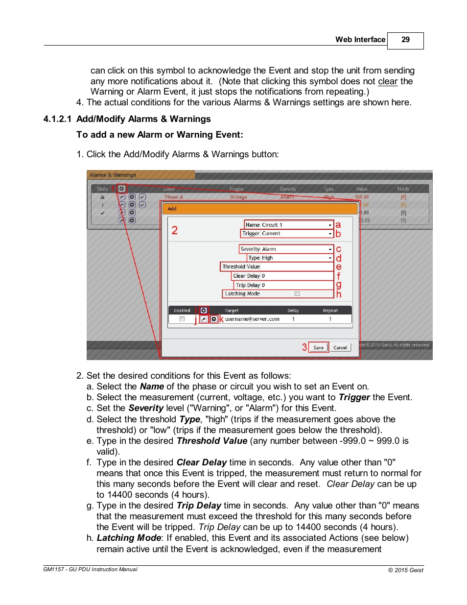 Add/modify alarms & warnings | Geist Upgradeable PDU User Manual | Page 29 / 43