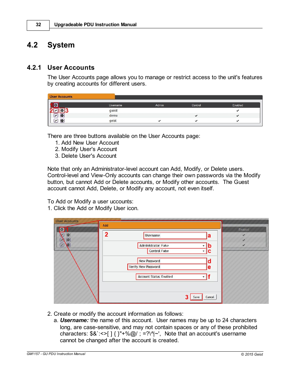 System, User accounts, 2 system | Geist Upgradeable PDU User Manual | Page 32 / 43