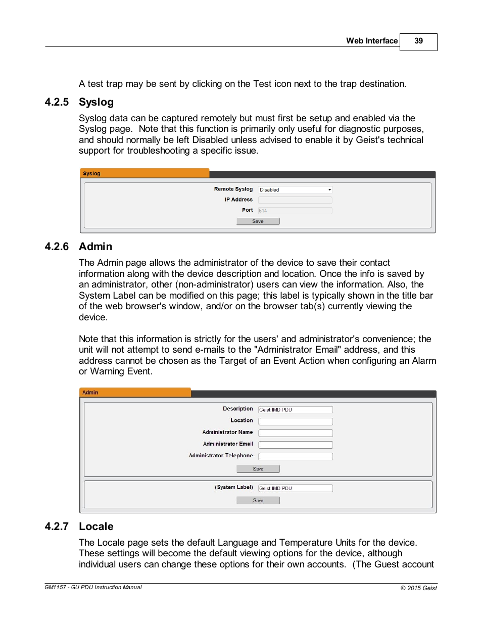 Syslog, Admin, Locale | 5 syslog, 6 admin, 7 locale | Geist Upgradeable PDU User Manual | Page 39 / 43