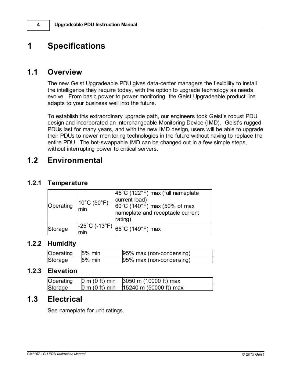 Specifications, Overview, Environmental | Temperature, Humidity, Elevation, Electrical, Part i specifications, 1specifications, 1 overview | Geist Upgradeable PDU User Manual | Page 4 / 43