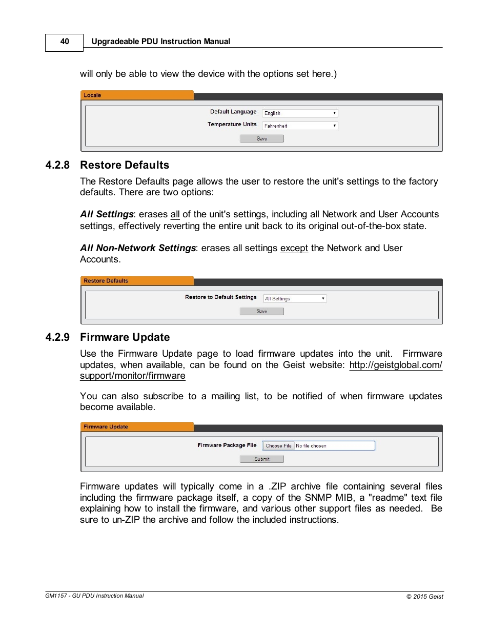 Restore defaults, Firmware update, 8 restore defaults | 9 firmware update | Geist Upgradeable PDU User Manual | Page 40 / 43